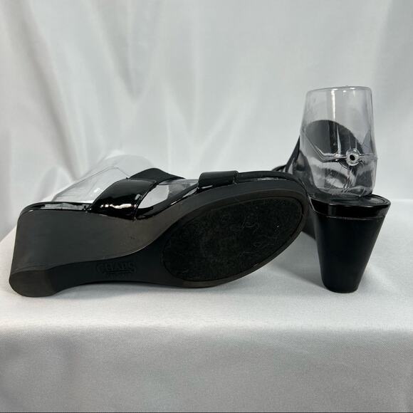 Chaps Rhoda black patent leather stretch slide on wedge open toe heel sandals 9 - Picture 5 of 7